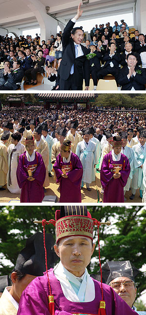 ▲ (위 사진)이명박 전 서울시장이 3일 오전 경주 황성공원 시민운동장에서 열린 시민체육대회에 참석, 시민들에게 인사하고 있다. (가운데·아래 사진)3일 오전 경주에서 열린 경주 이씨 표암시조 향사에 참석한 이명박 전 서울시장이 제례복 차림을 하고 있다.