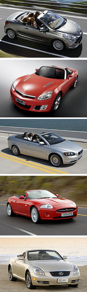 ▲ (사진 위로부터)푸조 207CC, GM대우의 G2X 로드스터, 볼보의 The All-New Volvo C70, 재규어의 뉴XK 컨버터블, 렉서스의 SC430.