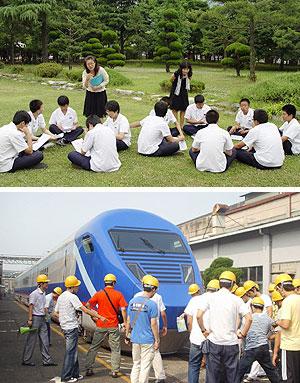 ▲ 경북기계공고가 올 들어 운영을 본격화하고 있는 산업체 협약 특성화 사업이 명문고로 거듭나는 발판이 된다는 호평을 받고 있다. 사진은 외국어 회화 수업 모습, 일본 규슈여객철도 공장 연수 모습.