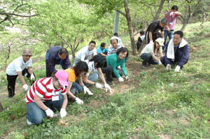 올해로 9년째 근로자의 날에 사회복지시설을 찾아 봉사활동을 하고 있는 효림산업(주) 한무경 대표이사(사진 앞줄 녹색옷 입은 여성)와 효림산업,(주)효림HF,(주)디젠 임직원들이 잡초뽑기 등 봉사활동을 하고 있다.