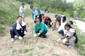 올해로 9년째 근로자의 날에 사회복지시설을 찾아 봉사활동을 하고 있는 효림산업(주) 한무경 대표이사(사진 앞줄 녹색옷 입은 여성)와 효림산업,(주)효림HF,(주)디젠 임직원들이 잡초뽑기 등 봉사활동을 하고 있다.