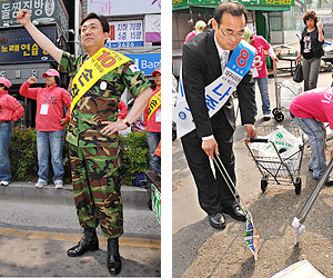 ▲ 6·4보궐선거에 출마한 후보들이 군복유세, 쓰레기 줍기 등 톡톡튀는 선거운동으로 주민관심을 끌기위해 안간힘을 써고 있다. 23일 서구청 네거리에서 군복유세를 펼치고 있는 서구청장 무소속 손창민 후보와 북비산 네거리에서 쓰레기를 줍고 있는 서구시의원 무소속 나종기 후보.