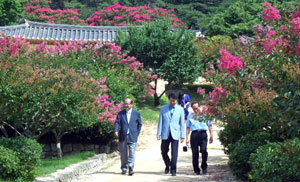 김휘동(오른쪽) 안동시장과 오세훈(가운데) 서울시장이 5일 안동 병산서원에서 만나 나란히 걸으며 얘기를 나누고 있다. 안동시 제공