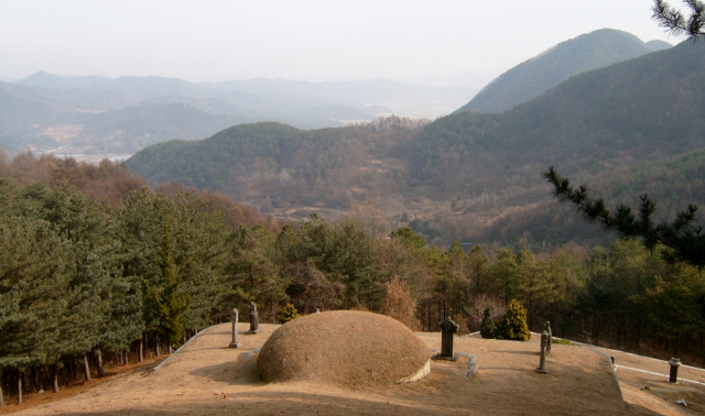 신성용 묘 전경. 우백호가 혈장을 보듬어 안산을 겸하고 있다. 앞쪽에 거대한 귀봉이 있으나, 몸을 돌려 혈을 외면하는 모습이 아쉽다.