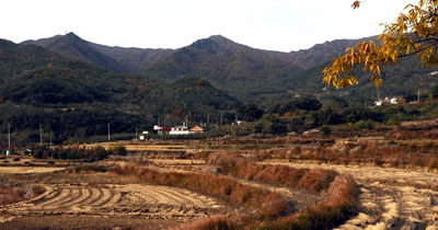 청도 각북면 오산리에서 바라본 비슬산 동쪽 모습. 왼쪽으로 뾰족하게 솟은 게 