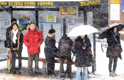 14일 오전 대구에 내린 눈으로 대중교통 운행도 큰 지장을 받은 가운데 달구벌대로 버스승강장에서 시민들이 버스를 기다리고 있다. 김태형기자 thkim21@msnet.co.kr