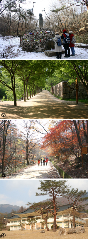 ① 관광객들이 문경새재 3관문 옆 책바위에서 소원을 빌고 있다. ② 문경새재 조령원터길. ③ 단풍으로 물든 문경새재길. ④ 문경새재 옛길박물관.