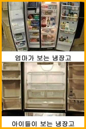 엄마와 아들이 보는 냉장고 