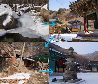 소백산 1자락길은 소수서원에서 출발해 주차장으로 가는 12.6km 구간이다. 왼쪽부터 죽계구곡, 초암사, 달밭골길 민가, 비로사