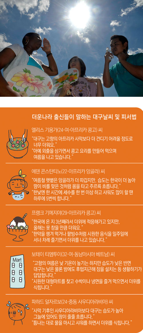 16일 대구대학교에 유학 온 콩고민주공화국의 키용가 엘리스 누보코, 베트남의 트란 흐엉린, 캄보디아의 이브 소베하(왼쪽부터)가 찜통 더위에 얼음물과 부채질을 하며 더위와 싸우고 있다. 성일권기자 sungig@msnet.co.kr