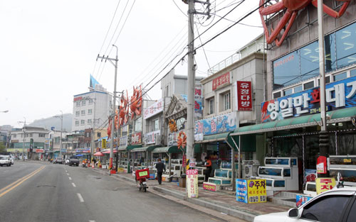 구룡포과메기물회 판매업소가 밀집한 구룡포 상가거리 모습. 포항시 제공