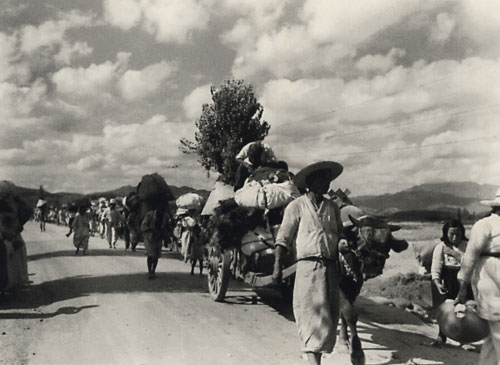 전쟁이 벌어지는 동안 사람들은 전쟁터를 피해 남쪽으로 내려왔다. 사진은 1950년 9월 칠곡군 다부동을 지나는 피란민 행렬의 모습이다. 근심 가득한 피란민들의 얼굴과 뭉게구름이 흐르는 평온하고 맑은 하늘이 대조를 이룬다.