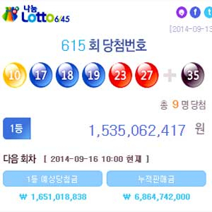 로또 615회 당첨번호 1등 9명 사진. 나눔로또 캡처