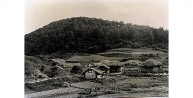 1960년대 성안마을 모습. 금오산 정상 바로 아래 자리 잡은 이 마을에는 배추농사를 지으며 세상과 동떨어진 삶을 사는 사람들이 얼마 전까지 살고 있었다. 구미시 제공