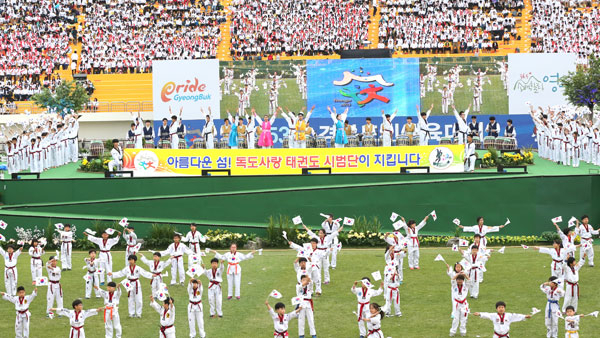 독도사랑 태권도시범단 등이 제53회 경북도민체전 개회식에서 공연하고 있다. 경북체육회 제공