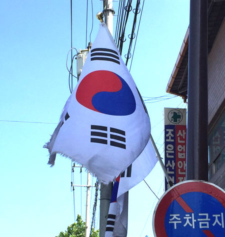 포항 남구 대송면 철강공단로변에 찢어진 태극기가 게양된 채 바람에 펄럭이고 있다. 이상원 기자