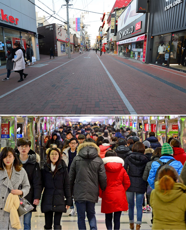 올 겨울 들어 가장 추운 날씨를 보인 24일 오후 평소 휴일이면 사람들로 붐비던 동성로가 썰렁한 모습을 보이는 대신 지하상가인 대현프리몰에는 쇼핑객들로 붐벼 대조를 이루고 있다. 정운철 기자 woon@msnet.co.kr