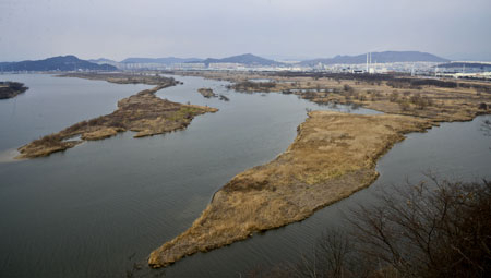 달성습지를 둘러싸고 습지 복원이 우선이라는 대구시와 유람선을 띄워 습지를 적극 이용해야 한다는 달성군의 입장이 서로 달라 갈등을 빚고 있다. 16일 화원동산에서 바라본 달성습지 모습. 우태욱 기자 woo@msnet.co.kr