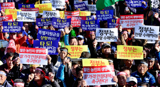 15일 한국쌀전업농경상북도연합회 농민들이 안동 경북도청 앞에서 2016년 수확기 쌀값 안정대책 및 2017년 수급조절 예상수립을 촉구하는 집회를 열었다. 김영진 기자 kyjmaeil@msnet.co.kr