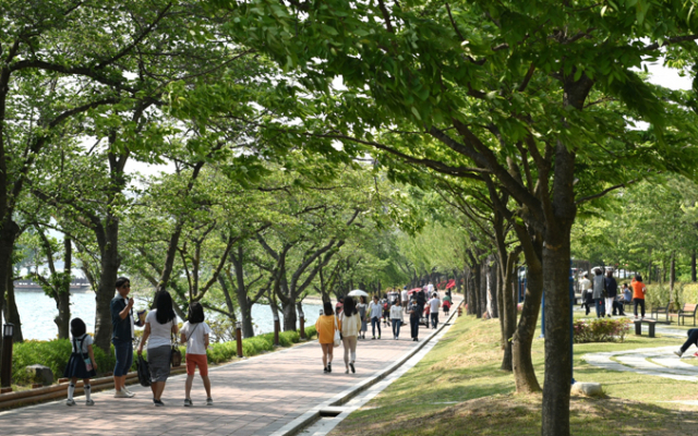 경주 보문호-호반길에서 산책을 즐기는 관광객들.