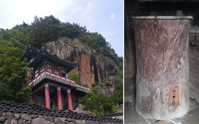 깎아지른 듯한 절벽에 붉은 기둥을 세워 지은 사성암(왼쪽). 가난한 이웃들이 언제든지 쌀을 퍼갈 수 있게 했던 뒤주라고 알려진 통나무 뒤주.