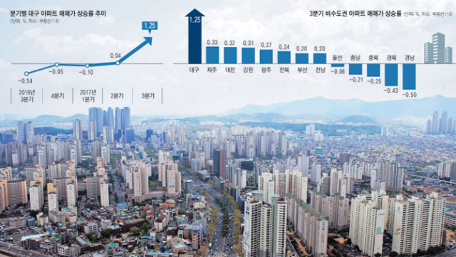 3분기 대구 아파트값 상승률이 세종을 제외한 비수도권에서 1위를 기록했지만 체감 상승률은 딴판이다. 단순 통계 수치를 기준으로 투기과열지구 지정 등 정부의 부동산 규제 대책이 몰리고 있는 수성구 일대 아파트 전경. 매일신문 DB