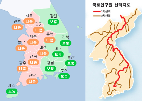 26일 전국 미세먼지 예보 지도(왼쪽)와 우리나라 산맥 지도. 케이웨더, 국토연구원