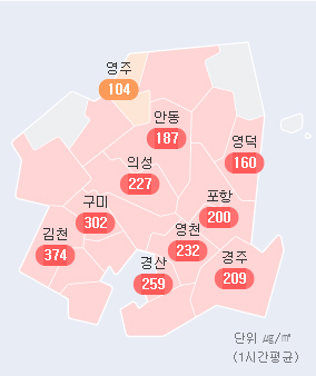 경북 미세먼지 농도가 15일 오후 1시 기준 올해 들어 