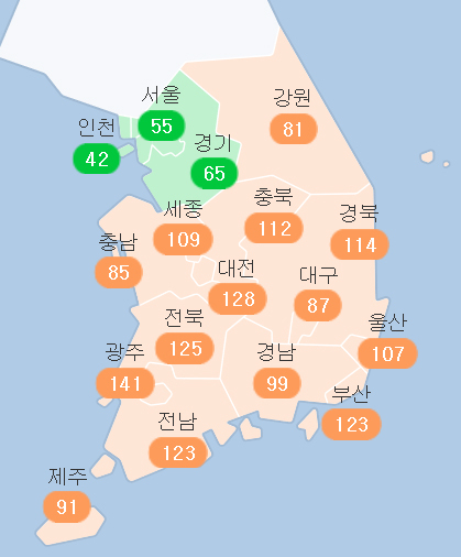 18일 오후 1시 기준 전국 미세먼지 현황. 에어코리아