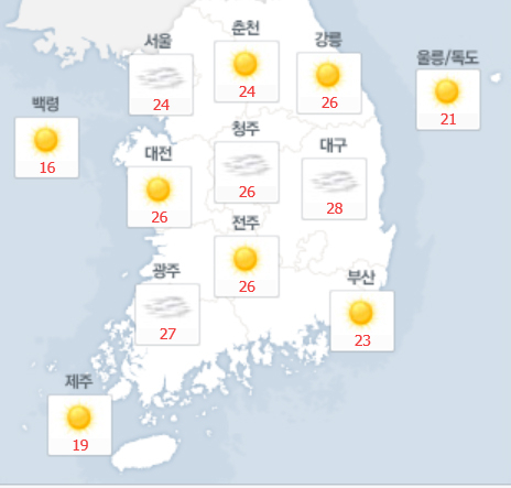 20일 오후 1시 기준 전국 날씨. 대구가 28도로 가장 높다. 웨더아이