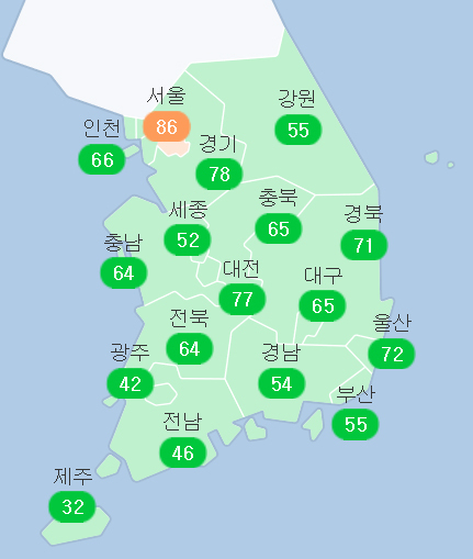 30일 오후 4시 기준 미세먼지 전국 현황. 에어코리아