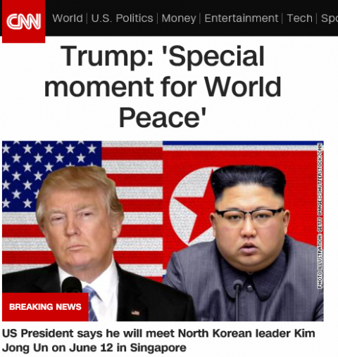 CNN은 북미정상회담의 6월 12일 싱가포르 개최 소식을 웹사이트 메인화면에 걸었다. CNN 홈페이지