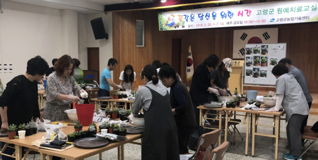 고령농업기술센터 원예치료교실 수강생들이 다육식물을 이용한 다육아트에 열중하고 있다. 고령농업기술센터 제공