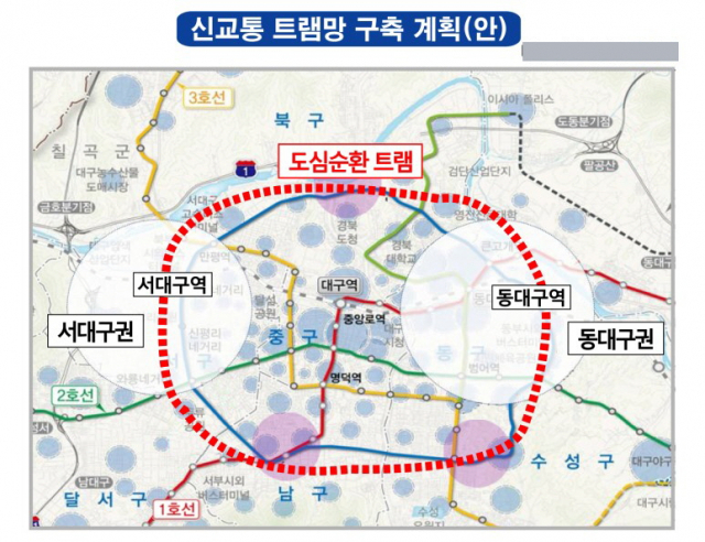 대구시가 친환경 신교통 수단인 트램 추진을 위해 16일 사전타당성 조사용역에 착수한다. 권영진 시장이 지난 지방선거에서 공약한 신교통 트램망 구축 계획 구상안. 대구시 제공