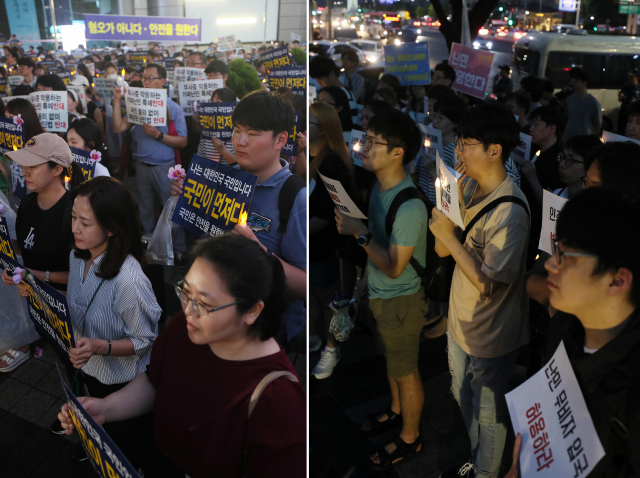 지난달 30일 오후 서울 도심에서 난민을 둘러싼 찬반 집회가 열리고 있다. 종로구 동화면세점 앞에서는 난민법과 무사증(무비자) 제도 폐지를 주장하는 집회(왼쪽 사진)가, 세종로파출소 앞에서는 난민 반대에 반대하는 집회가 열렸다. 연합뉴스