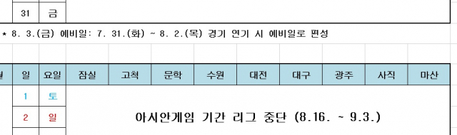 KBO 2018 프로야구 시즌중 예비일 표기 부분. KBO 자료