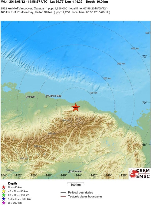 미국 알래스카 북부 규모 6.4 지진. 유럽지중해지진센터(EMSC) 홈페이지