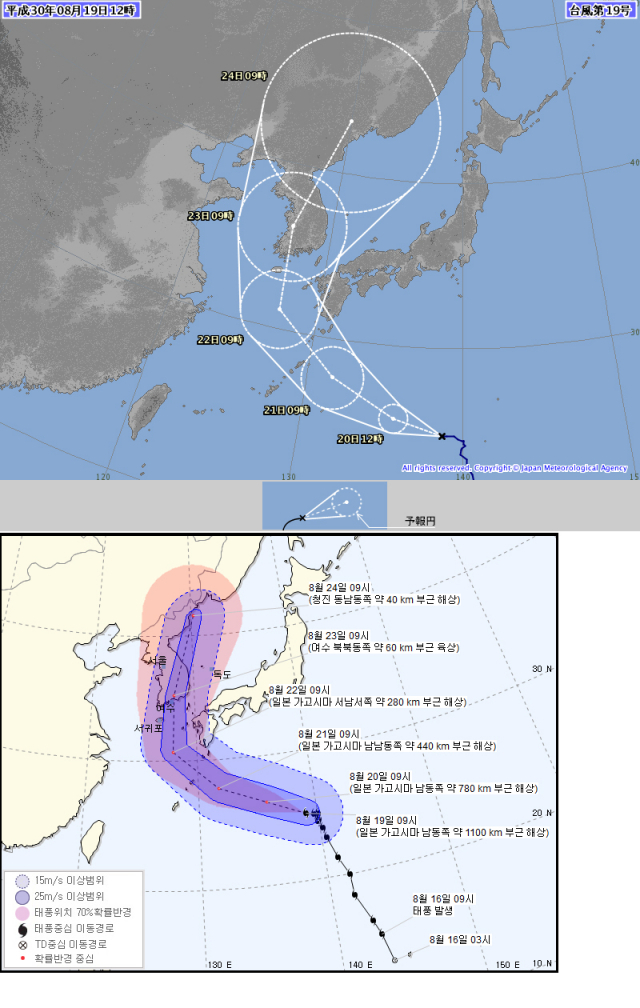 태풍 솔릭 예상경로, 위는 일본기상청, 아래는 한국기상청. 일본기상청, 한국기상청