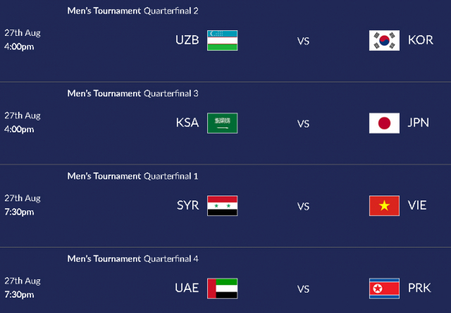 아시안게임 남자축구 8강 대진표. 한국 우즈벡, 시리아 베트남, 사우디아라비아 일본, 북한 아랍에미리트. 