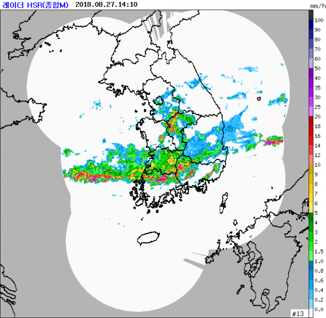 27일 오후 2시 10분 기준 한반도 레이더 영상. 기상청