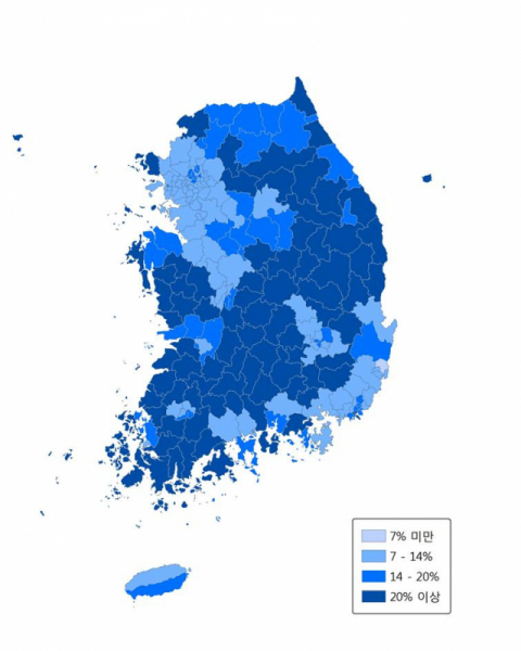 2017년 전국 65세 이상 고령인구 비율. 자료 통계청