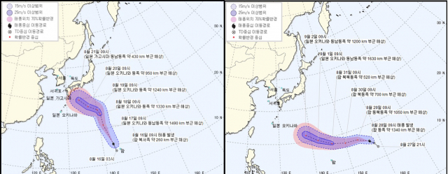 왼쪽은 태풍 솔릭 발생 당시 예상 경로, 오른쪽은 태풍 제비 발생 당시 예상 경로. 기상청