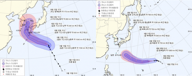 왼쪽 8월 18일 태풍 솔릭 예상경로, 오른쪽 8월 29일 태풍 제비 예상경로. 기상청