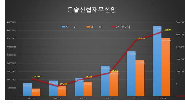 재무제표가 그려진 그래프를 보면 든솔신협의 성장세를 한눈에 볼 수 있다.