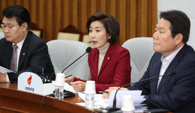 자유한국당 나경원 원내대표가 21일 오전 국회에서 열린 원내대책회의에서 발언하고 있다. 연합뉴스