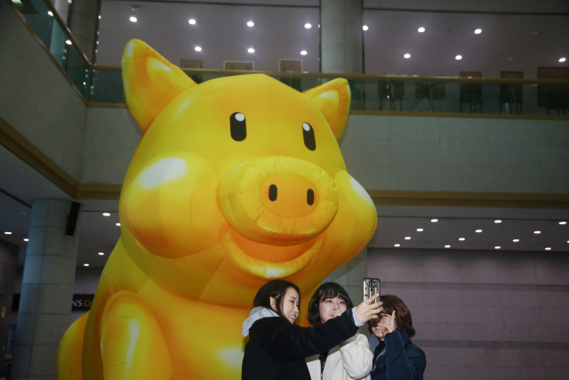 기해년을 하루 앞두고, 2019년 새해인사 관련 게시글이 큰 인기를 끌고 있다. 경북 포항시 남구 대도동에 있는 포항문화예술회관에 설치된 황금돼지 조형물 앞에서 시민이 사진을 찍고 있다. 연합뉴스