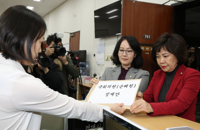 17일 오후 자유한국당 김현아(왼쪽), 김순례 의원이 국회 의안과에 민주당 손혜원 의원에 대한 국회윤리위 징계요구안을 제출하고 있다. 연합뉴스