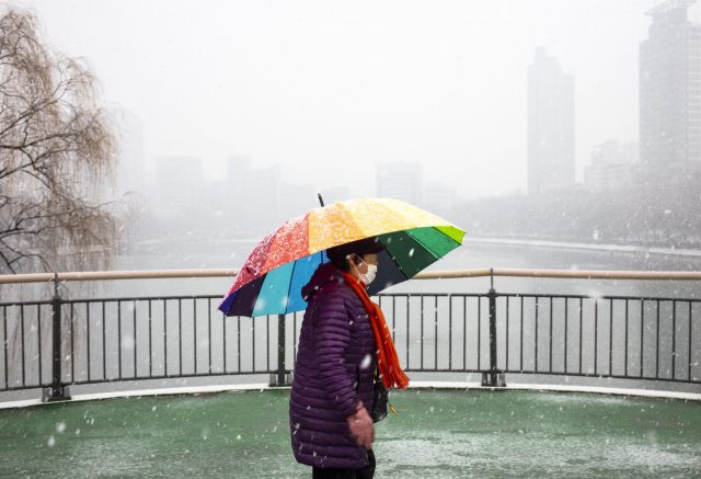 절기상 우수(雨水)이자 정월대보름인 19일 오전 서울 송파구에서 시민이 우산을 쓴 채 길을 걷고 있다. 연합뉴스