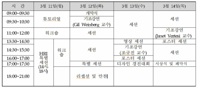 오는 11~14일 열리는 인간로봇 상호작용 국제컨퍼런스(HRI 2019) 세부일정. 대구시 제공.