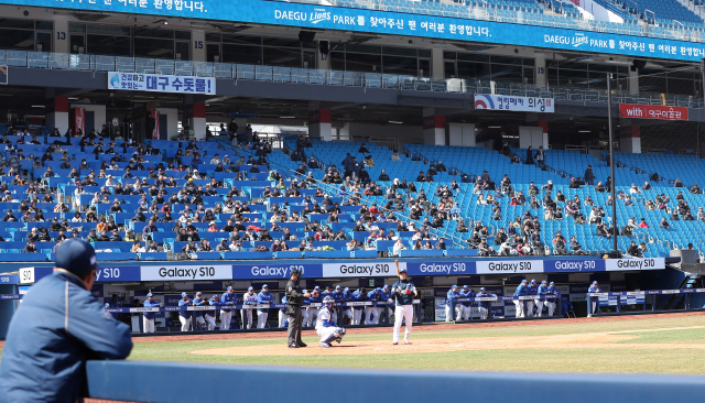 14일 프로야구 시범경기 NC 다이노스와 삼성 라이온즈의 경기가 열린 대구 삼성라이온즈파크를 찾은 관중이 응원하고 있다. 연합뉴스